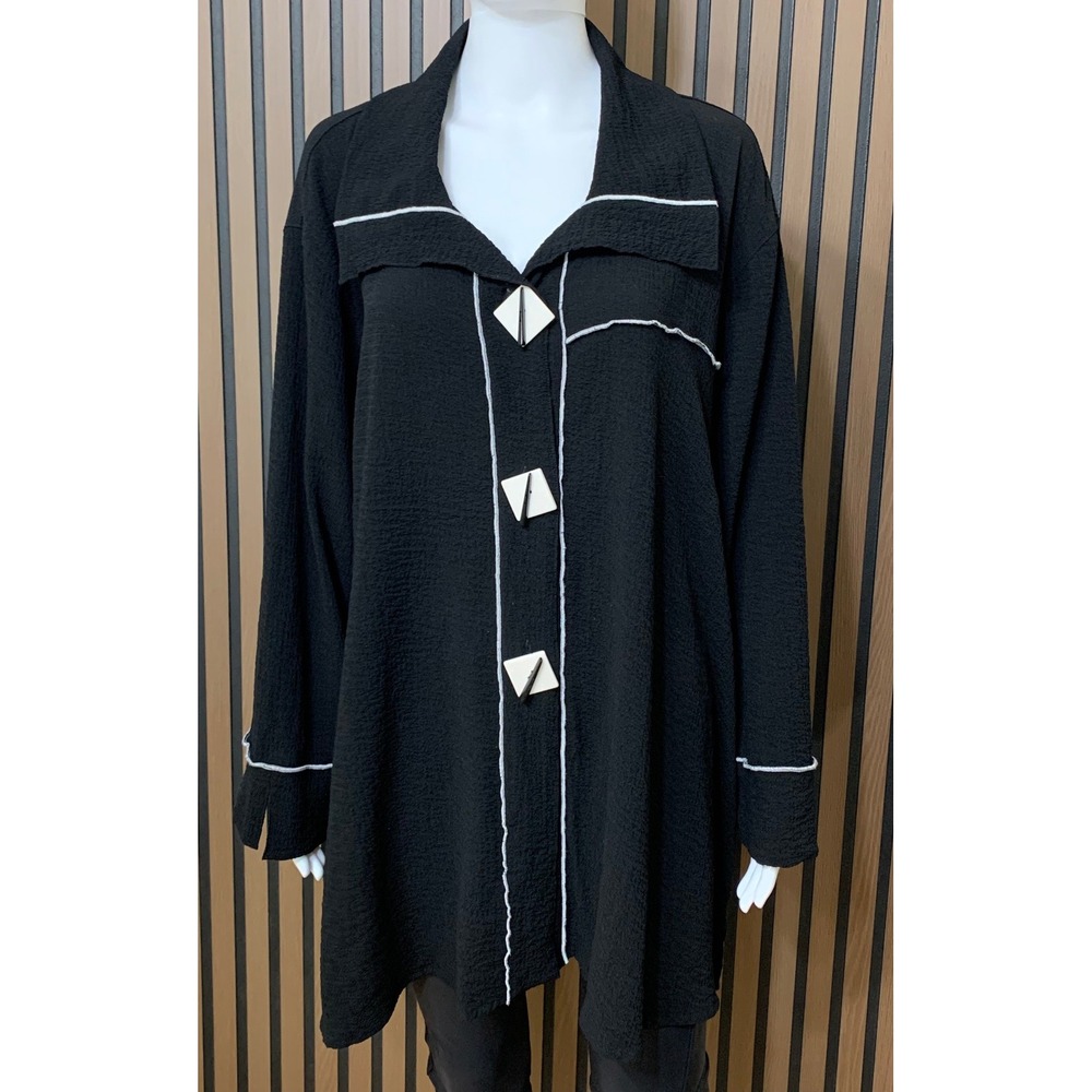 Ali Miles Black Crinkle Texture Button Up Tunic Top Buttons 3X Lagenlook